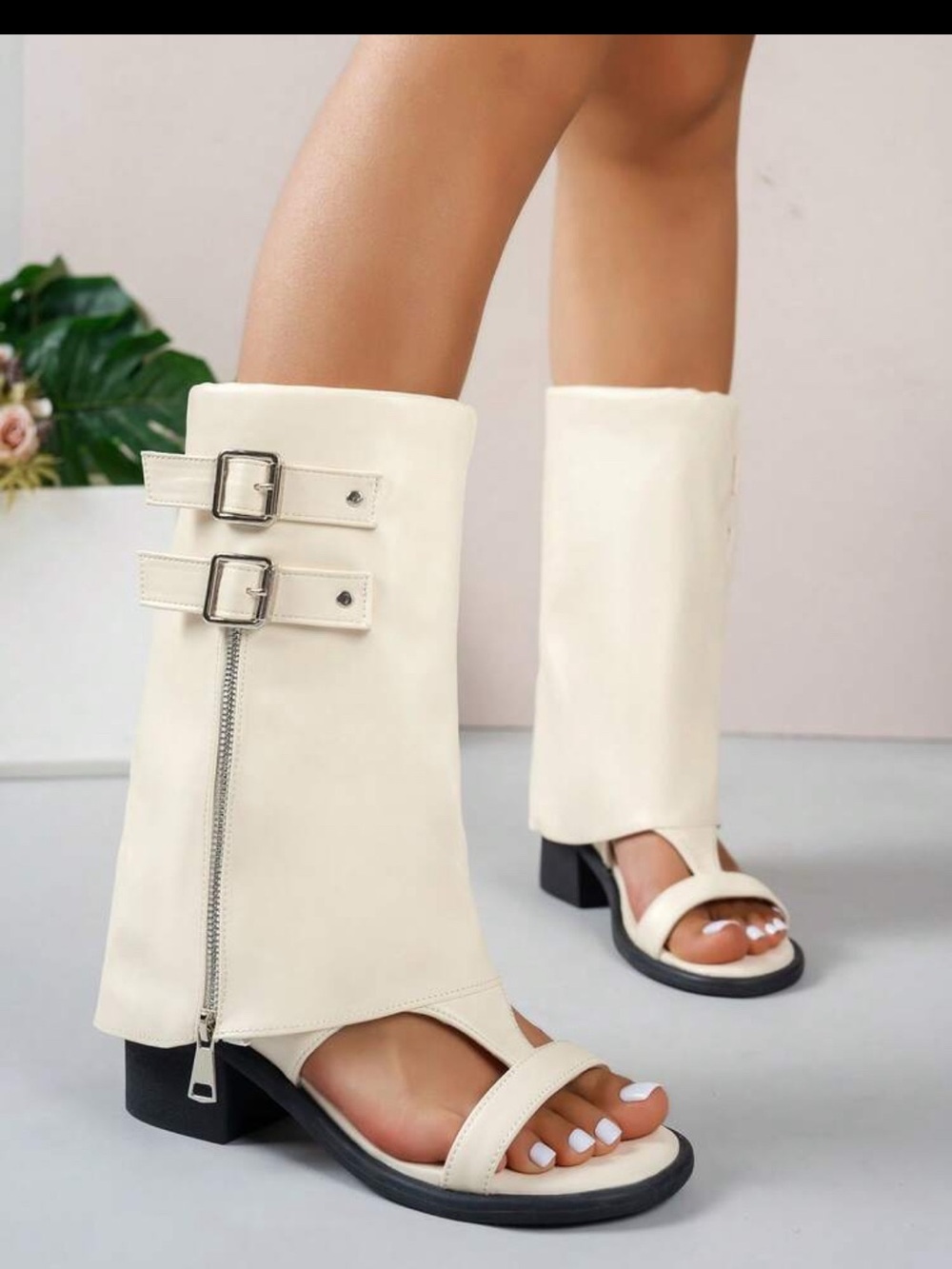 Women’s Cream Open-Toe fold overt Zip Boot Sandals size 8